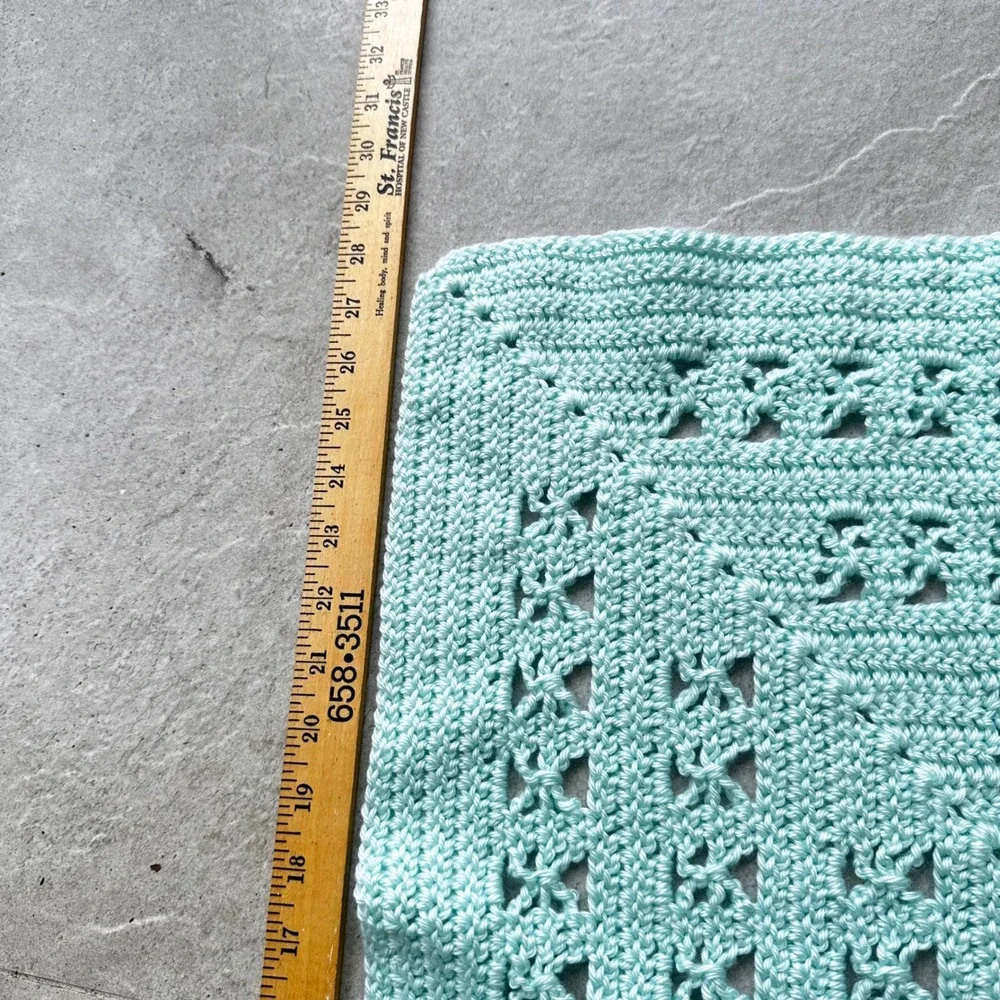 Handmade Crochet Baby Blanket Aqua Mint Green Lacy Heirloom 28in Square